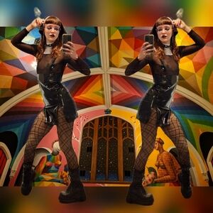 Dolls Kill Black Vinyl Mini Dress with Sheer Mesh Top